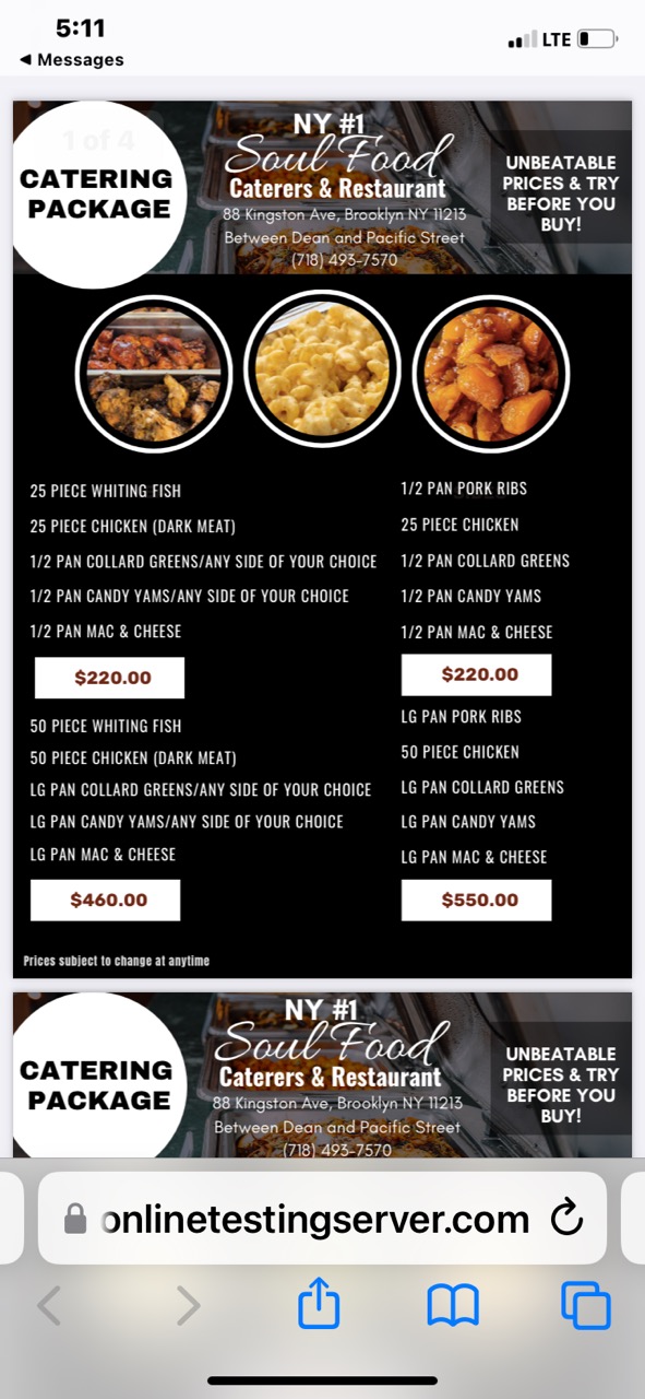 Brooklyn Based Soul Food Restaurant's Lunch & Dinner Menu: Featuring Fried Chicken, Ribs, Seafood, Fried Fish, Meat Loaf.